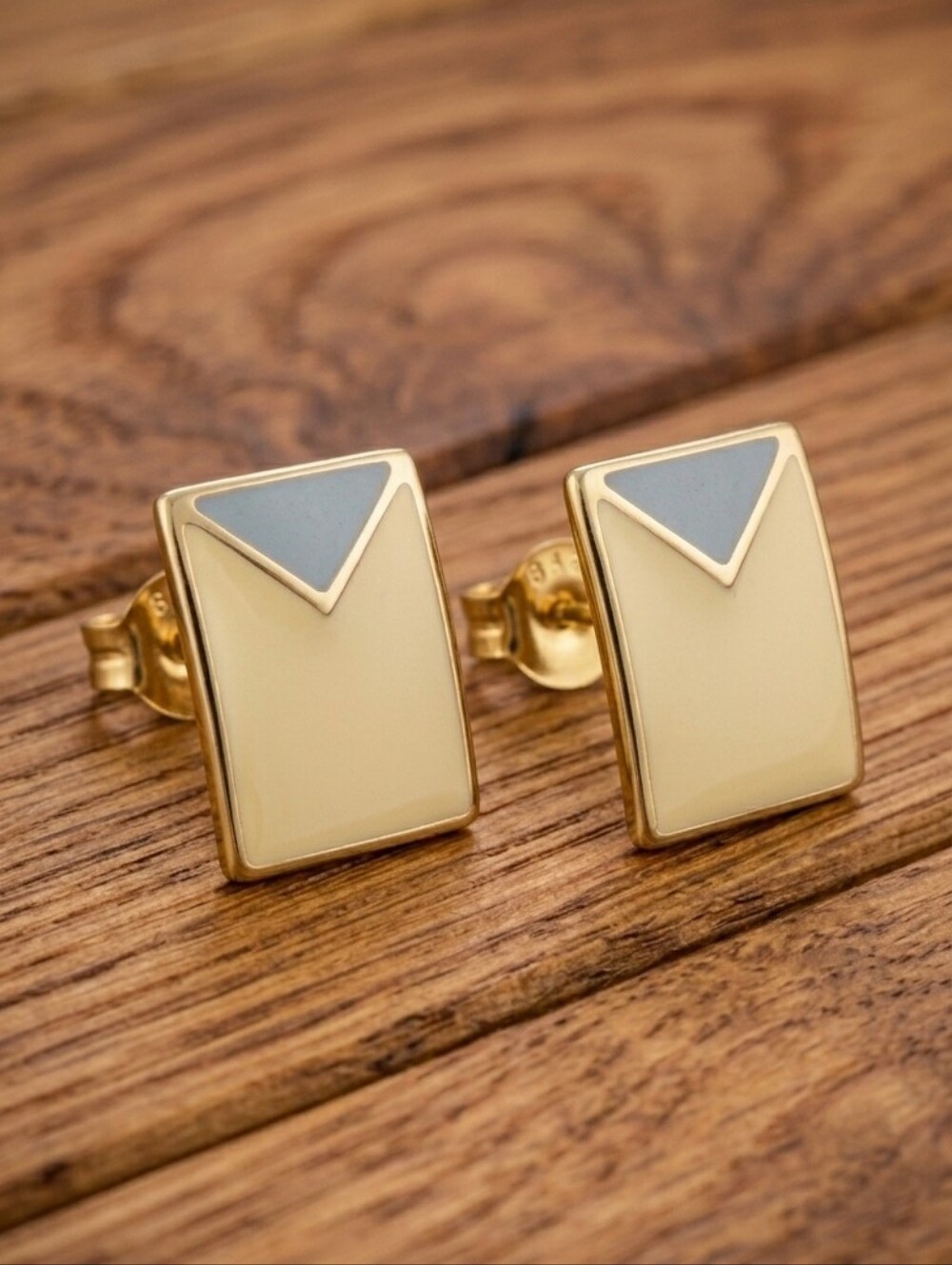 Vintage 80s Clip On Earrings Yellow Grey Enamel Gold Retro Rectangular Jewelry